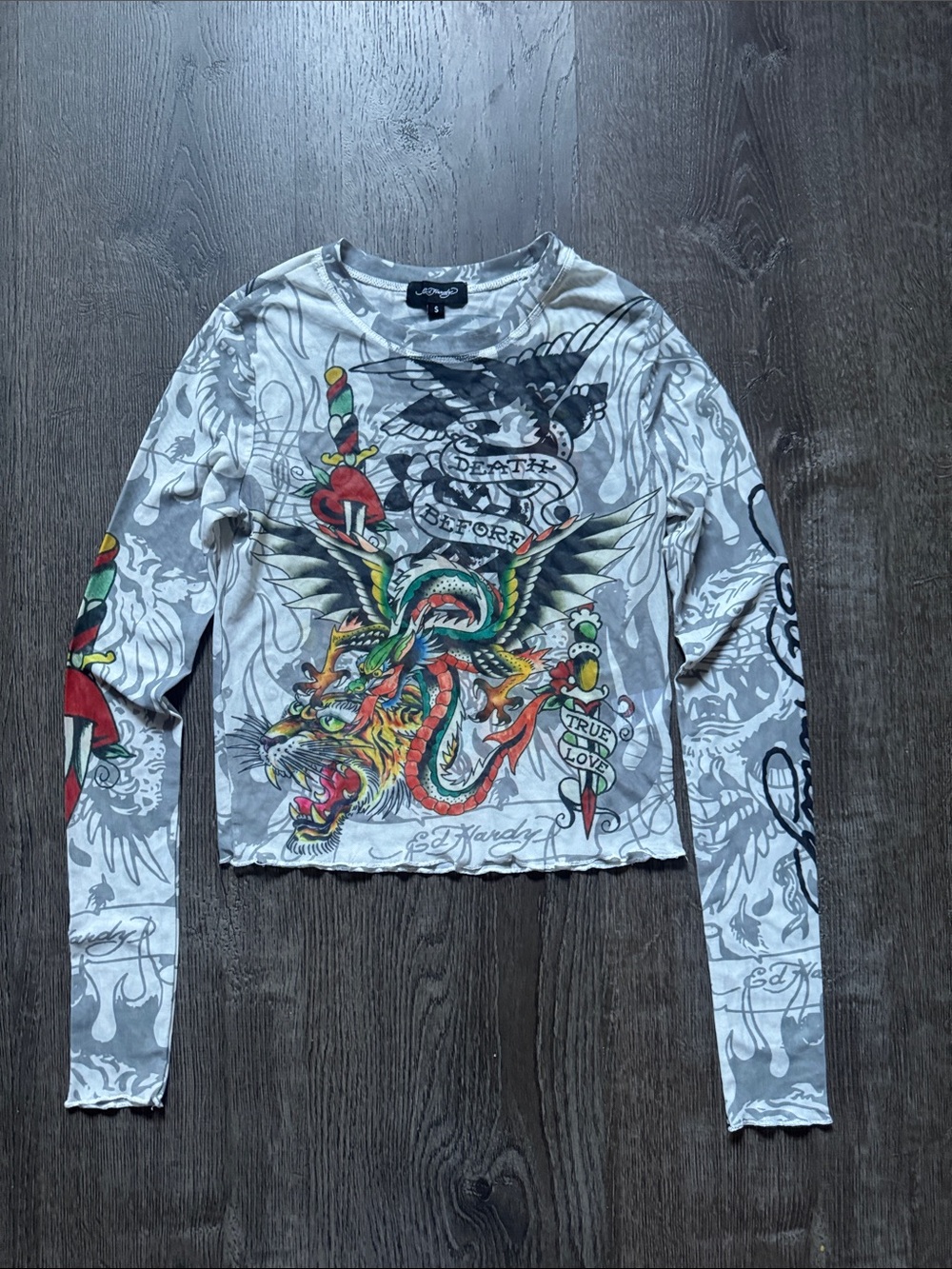 Ed Hardy Multicolor Tattoo Graphic Grey Long-Sleeve Tee